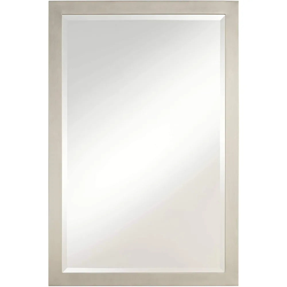 Metzeo Rectangular Vanity Decorative Wall Mirror Modern Brushed Nickel Silver Metal Frame Beveled Glass 33" Wide for Bathroom B