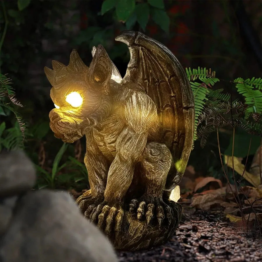 Large Winged Gargoyle Statue With Solar Lights Outdoor Garden Decor