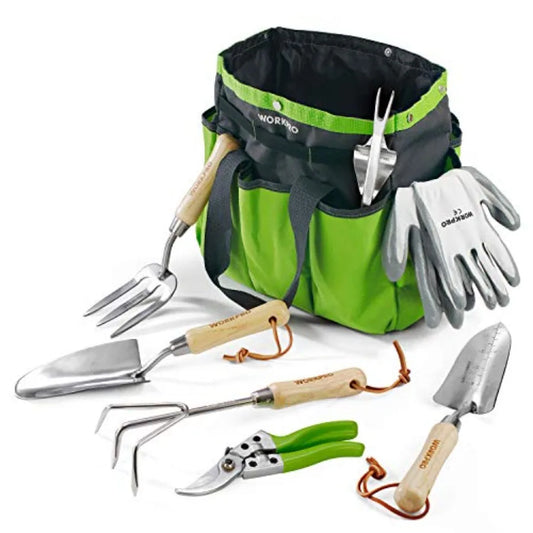 8 Piece Garden Tools Set Stainless Steel Heavy Duty With Wooden Handles Tote