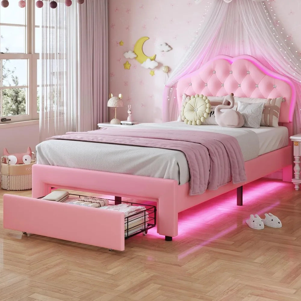 Twin Size Pink Upholstered Bed For Girls With Adjustable Headboard And LED Lights
