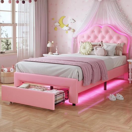 Twin Size Pink Upholstered Bed For Girls With Adjustable Headboard And LED Lights