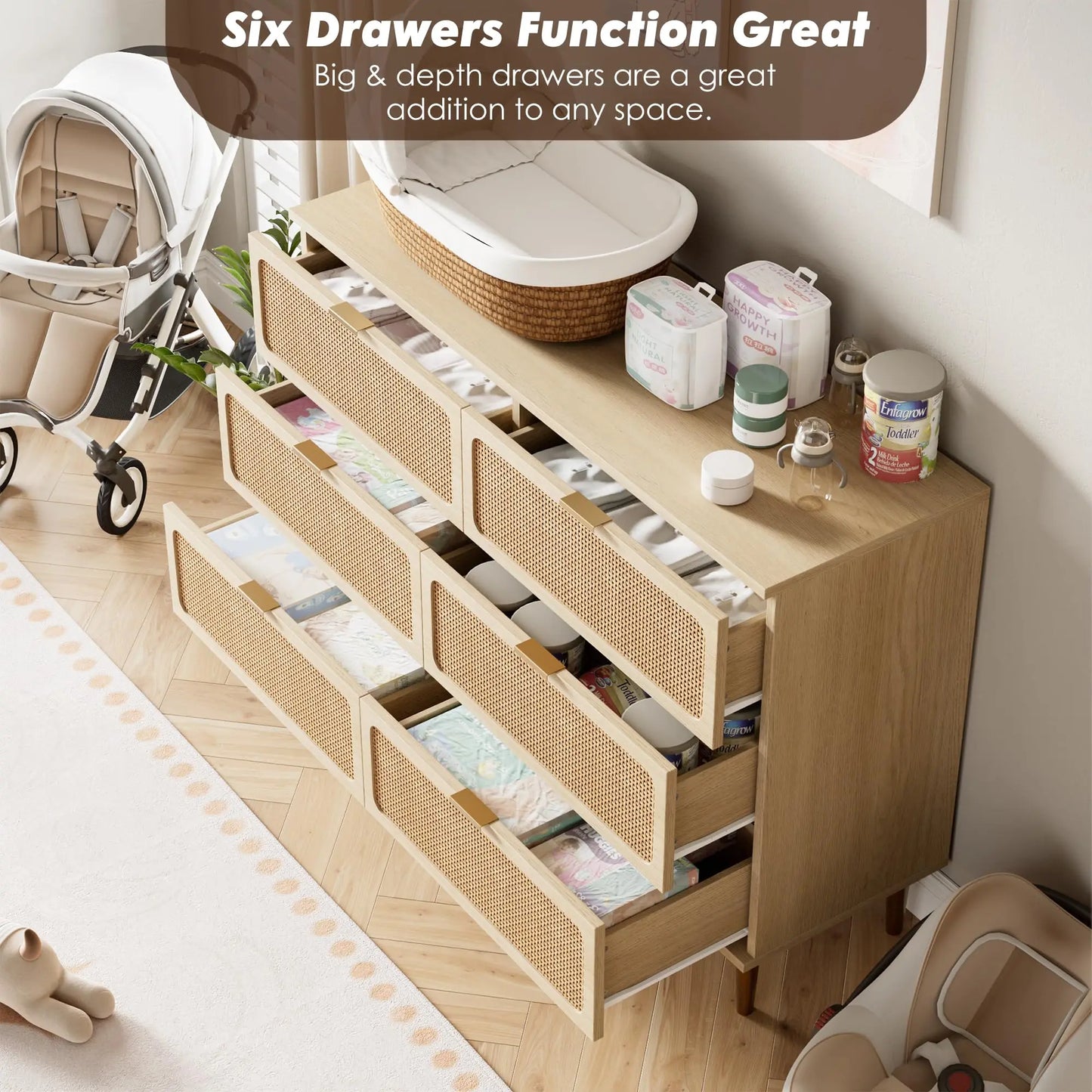 6 Drawer Rattan Dresser Natural Handwoven Rattan Wood For Bedroom Living Room