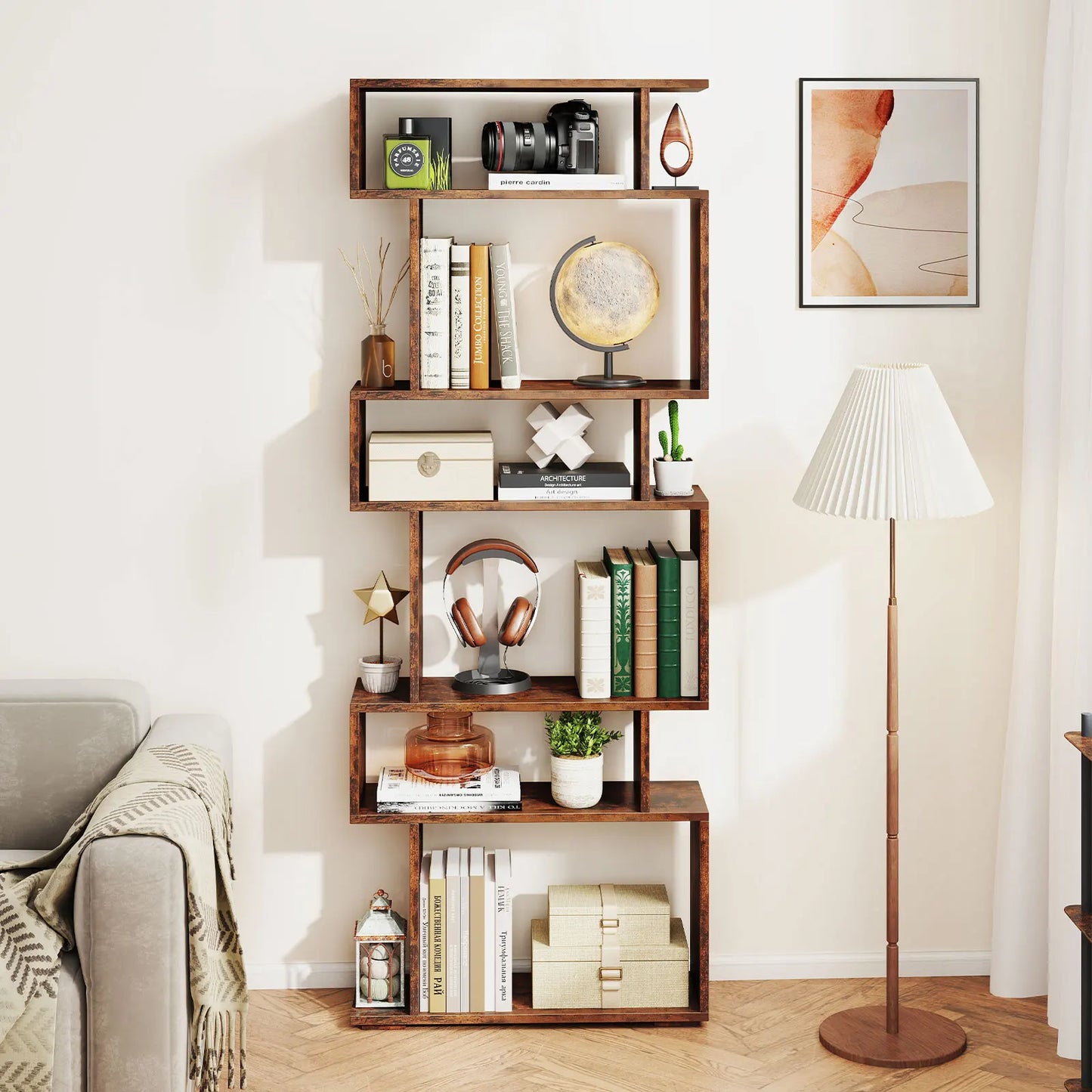 6 Tier S Shaped Geometric Storage Bookshelf With Anti Toppling Kits