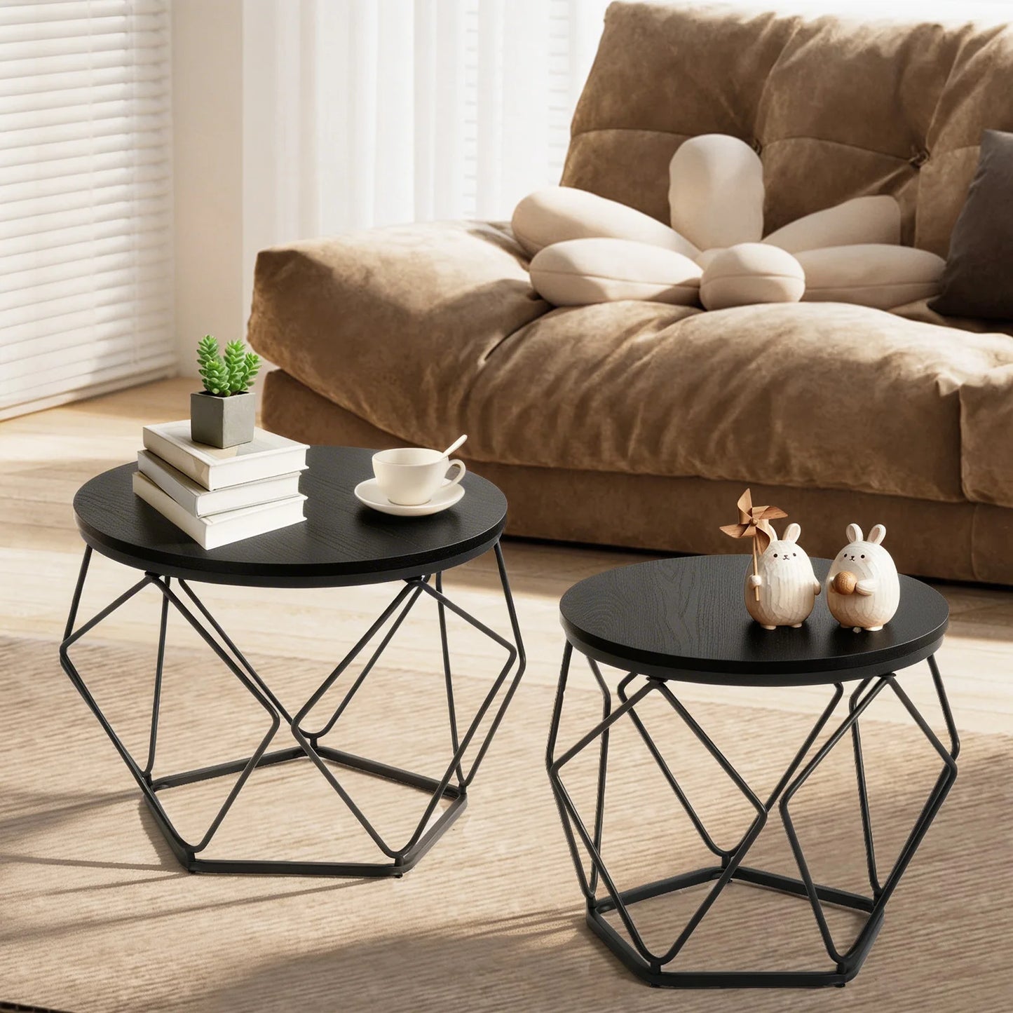 20 Inch Round Geometric Metal Coffee Table Set Of 2 Nesting Side Tables