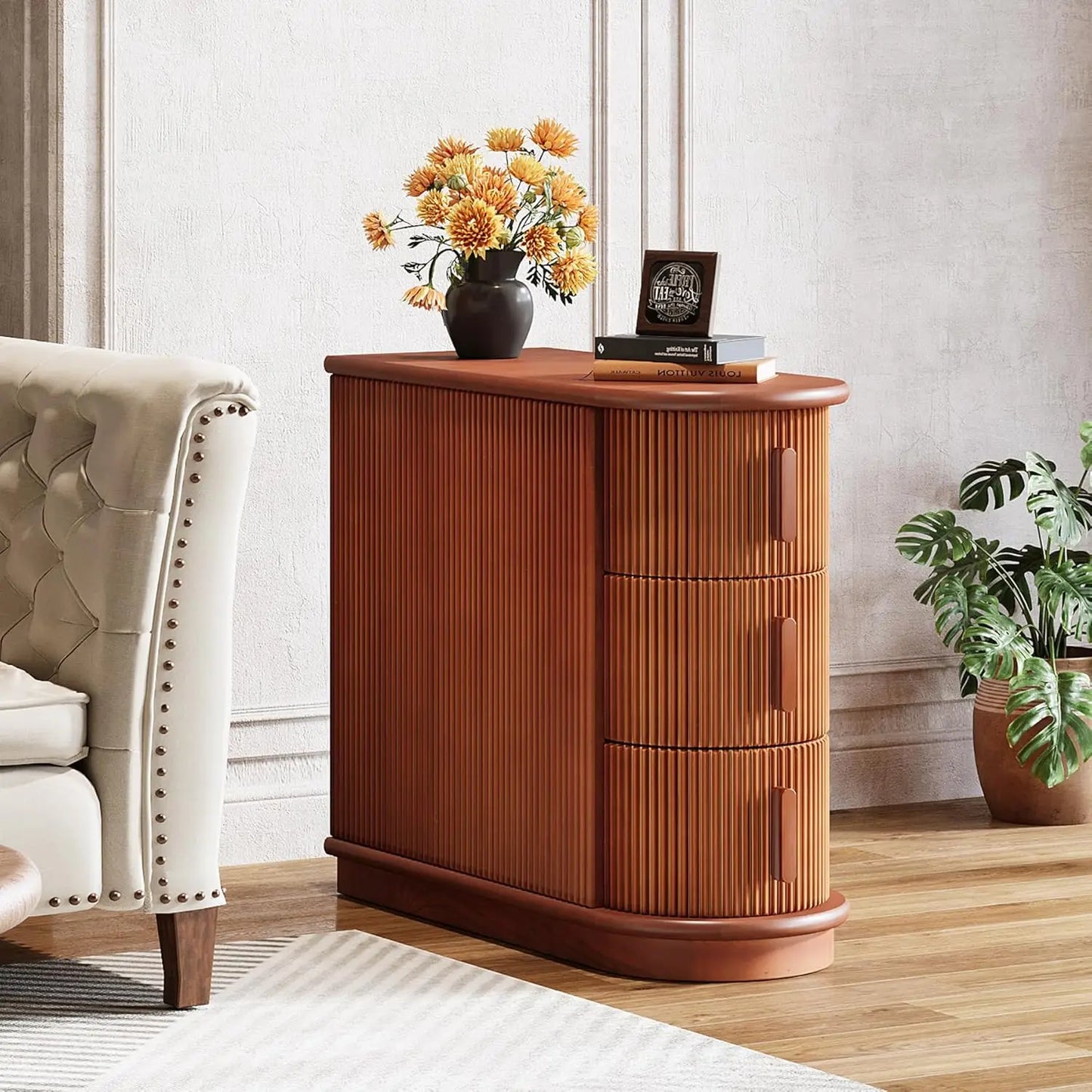 3-Drawer Wooden End Table,Modern Sofa Side Table, Narrow Chair Side Table Slim Nightstand for Living Room,Bedroom, Finished Back