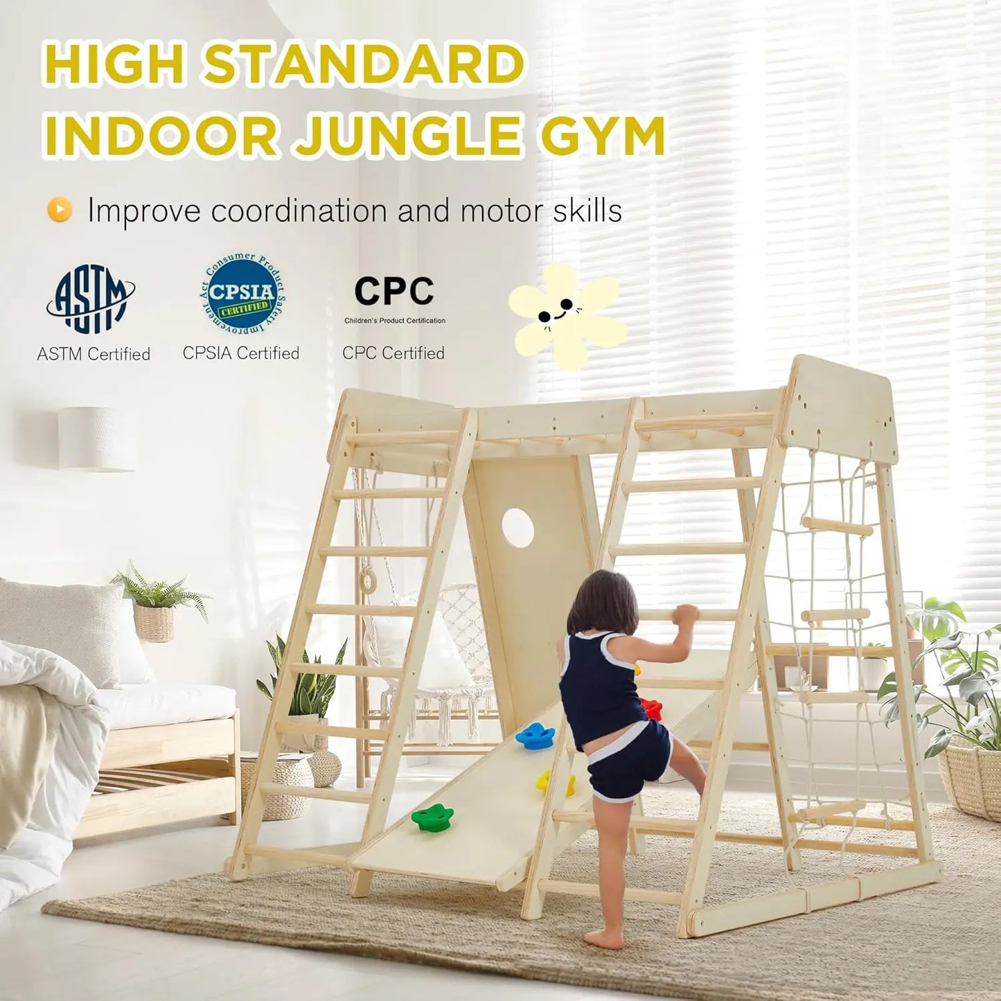 Indoor Jungle Gym, 9 in 1 Kids Indoor Playground, Climbing Toys for Kids with Climbing Wall, Slide, Monkey Bars, Rope Ladder and