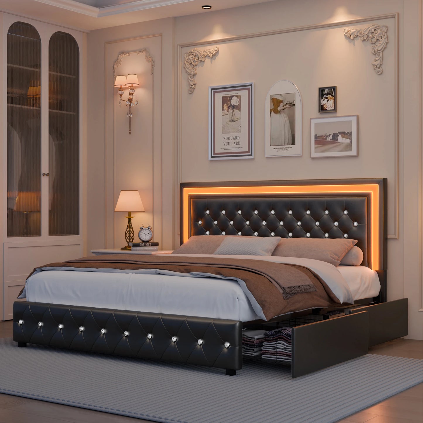 Queen Platform Bed With 4 Storage PU Leather No Box Spring Easy Assembly 900lbs