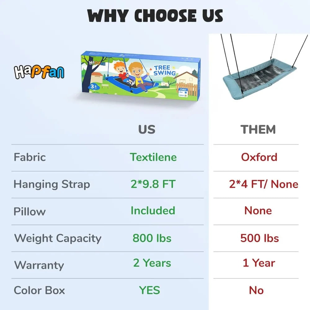 800lbs 60" Platform Tree Swing for Kids and Adults with Pillow, Heavy Duty Large Rectangle Swing for Kids Outdoor, Textilene Fa