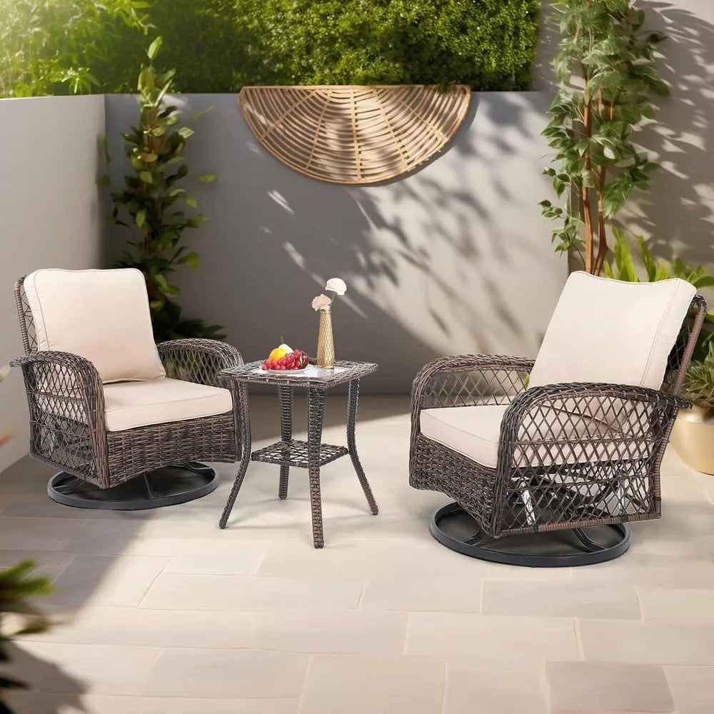 Outdoor Three Piece Patio Furniture Set With Swivel Chairs And Bistro Table