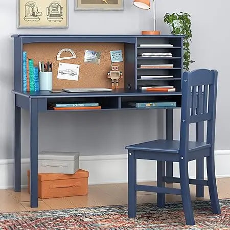 Kids Media Desk and Chair Set - Navy: Student's Workstation with Storage, Wooden Writing Table with Hutch and Shelves for Kids