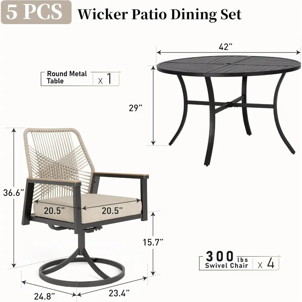 Patio Dining Set 5 Piece, 4 x Woven Rattan Swivel Chairs with Waterproof Cushion, 42” Metal Round Dining Table