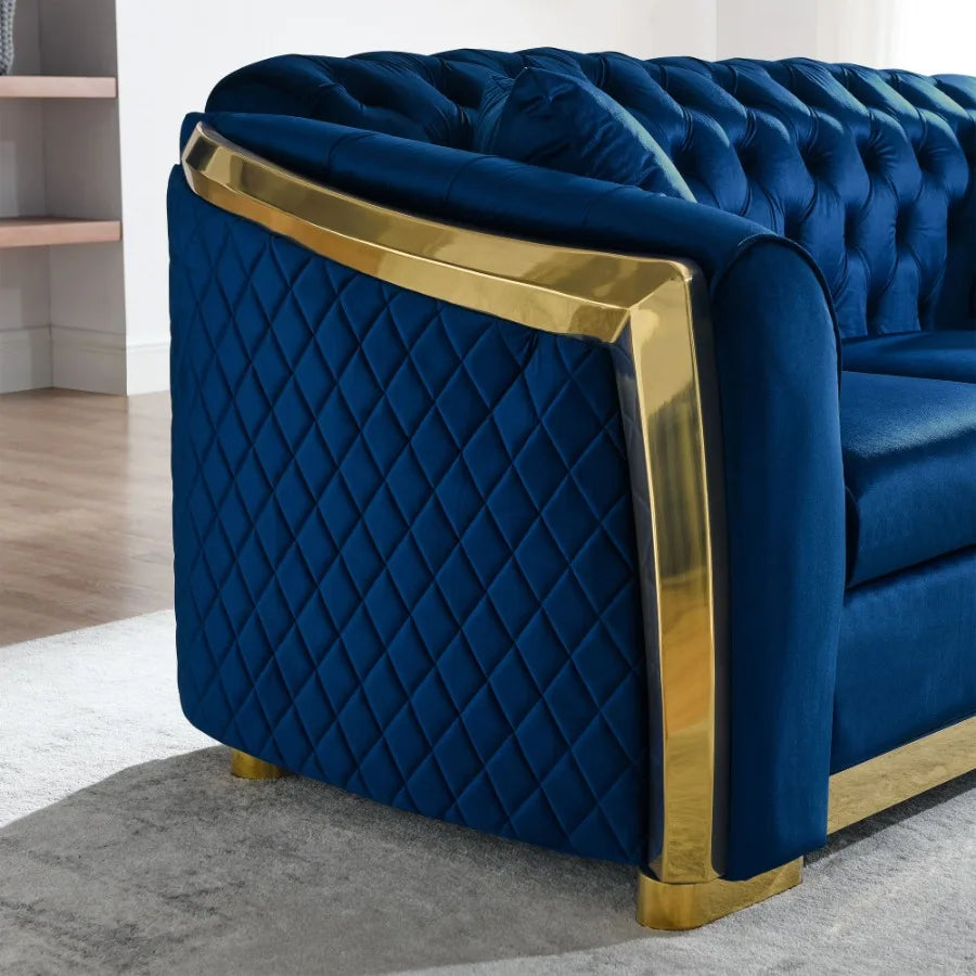 Velvet Chesterfield Sofa Set 3 Seat Tufted 84Inch Navy Blue