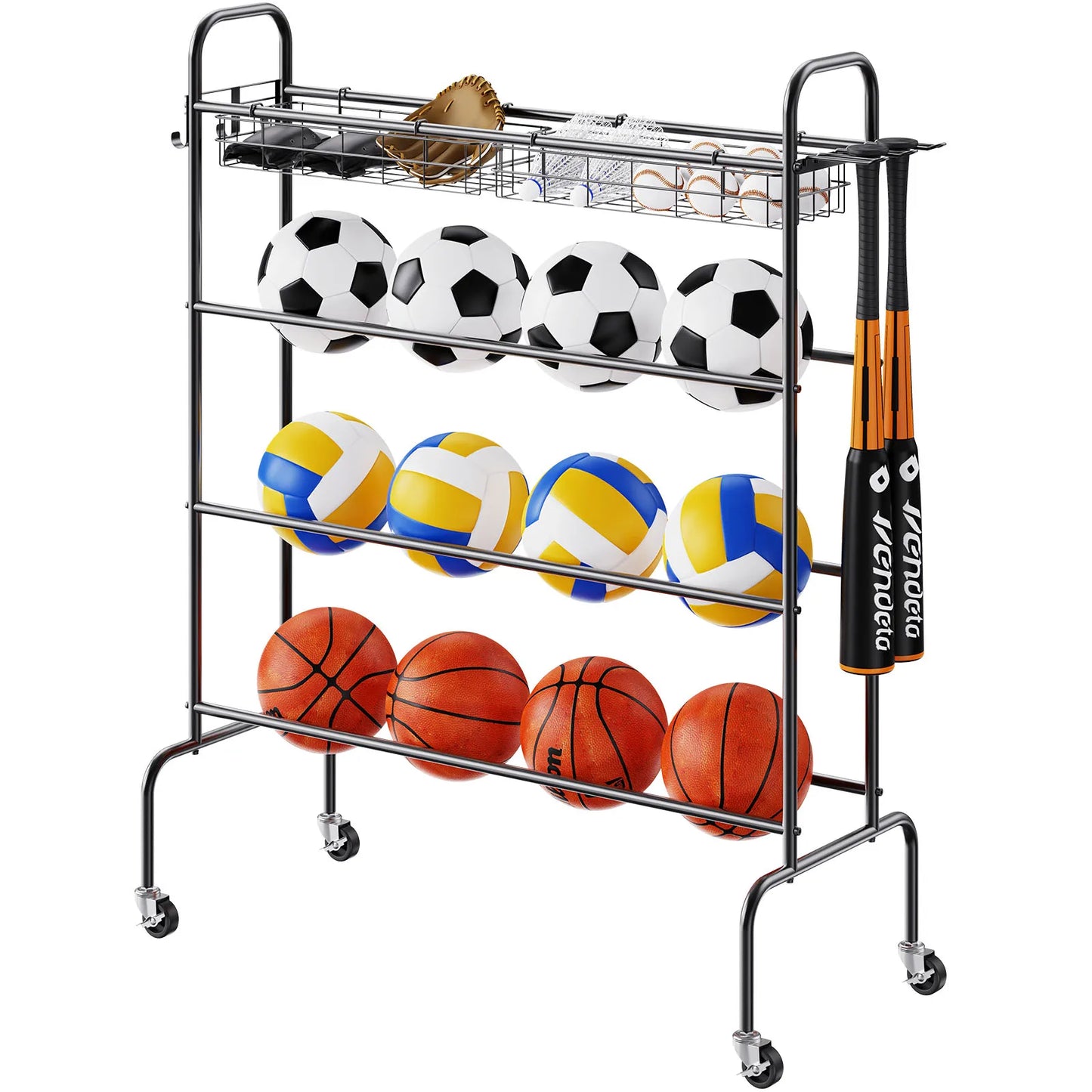 VEVOR Four Layer Rolling Basketball Rack with Wheels Storage Organizer