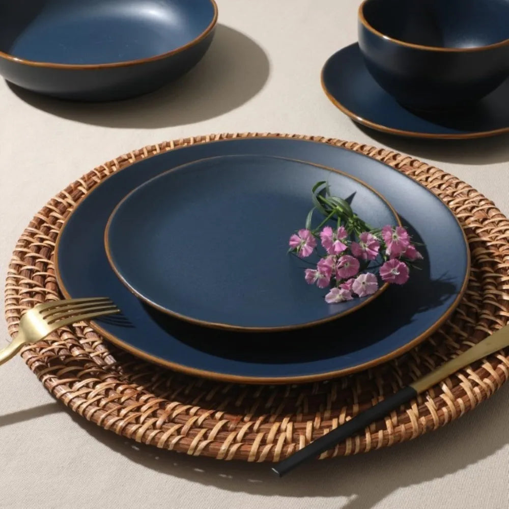 Hazeltine 16 Piece Stoneware Ceramic Dinnerware Set Navy Blue Plates And Bowls