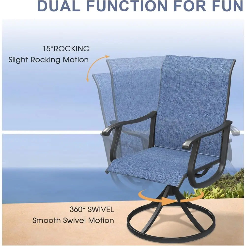 6 Piece Navy Blue Outdoor Swivel Patio Dining Set With 50 Inch Round Black Table