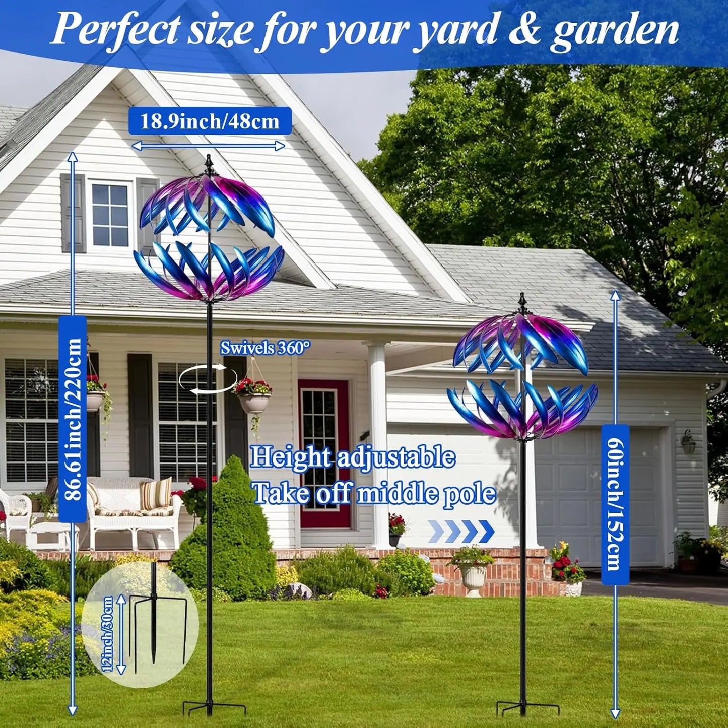 Kinetic Garden Wind Spinner, Double-Layer Metal Art, Blue and Purple Gradient, Outdoor Yard Decoration