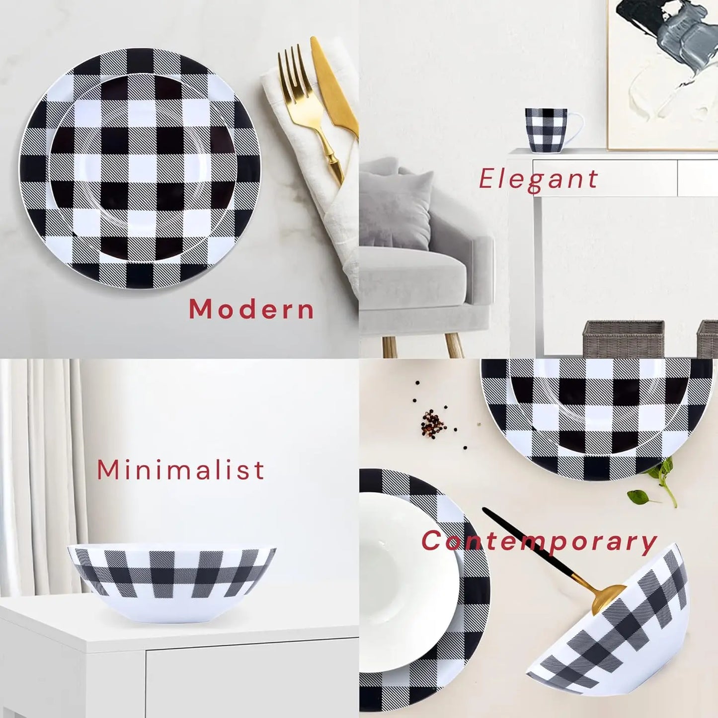 Winter Frost White And Black Modern Dinnerware Set 16 Piece Plaid Plates Bowls