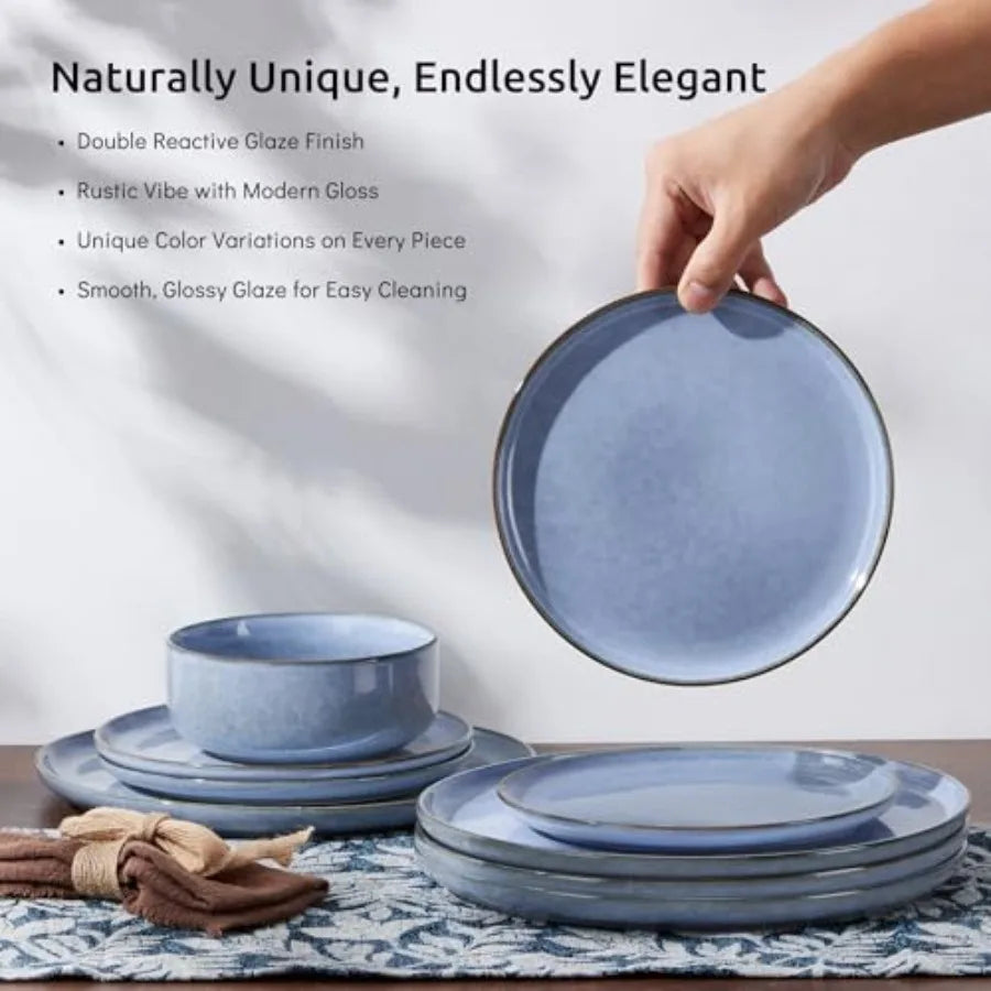 12-Piece Reactive Glaze Dinnerware Set For Four Plates And Bowls Microwave Safe