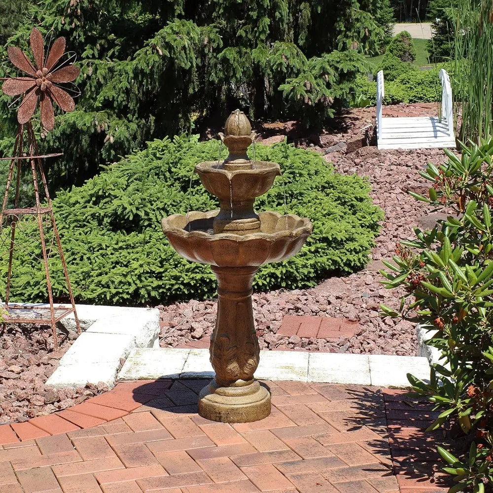Blooming Flower 38-Inch 2-Tier Outdoor Water Fountain with Electric Submersible Pump for Garden, Patio or Yard