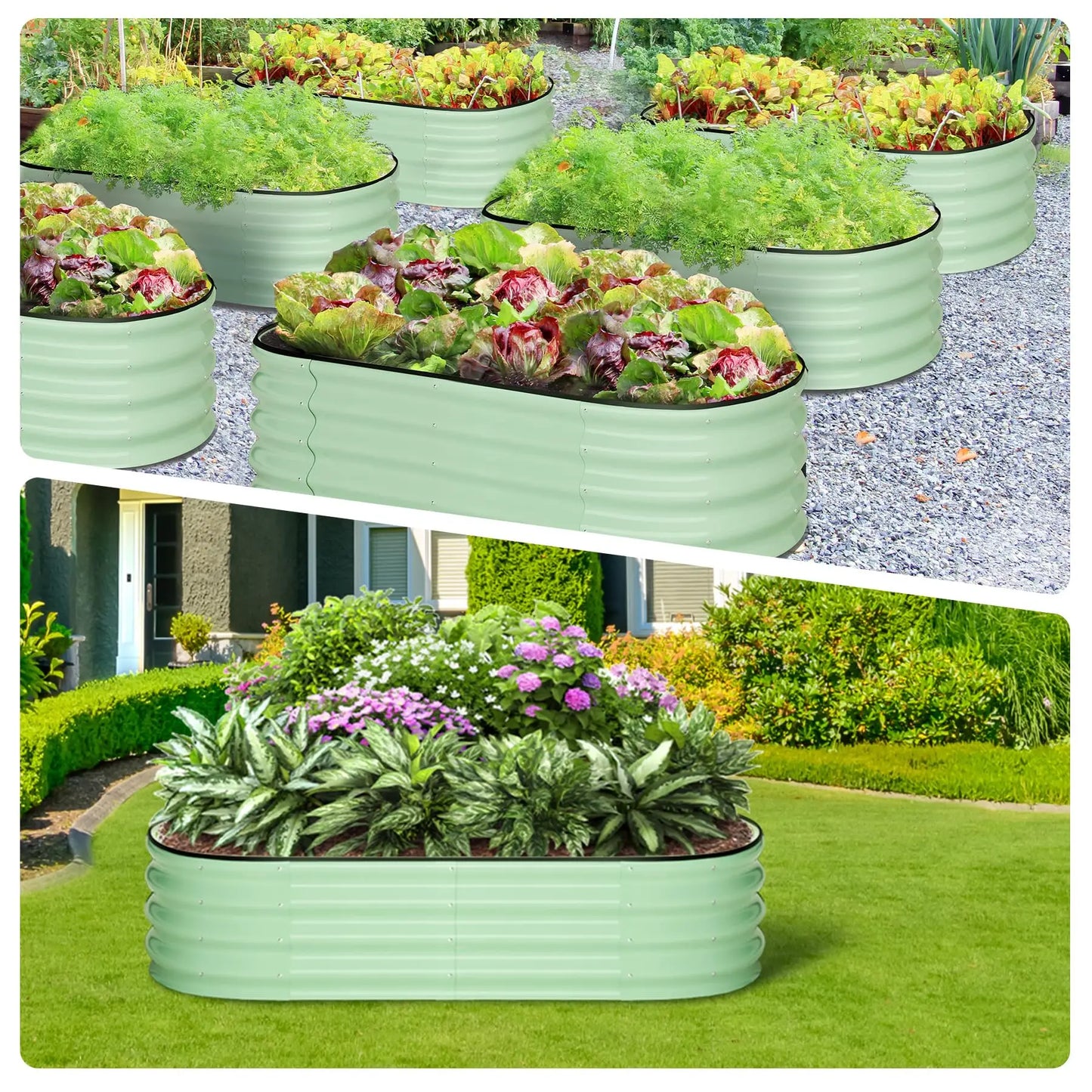 Two Pack Oval Galvanized Steel Raised Garden Beds With Open Base Safety Edge