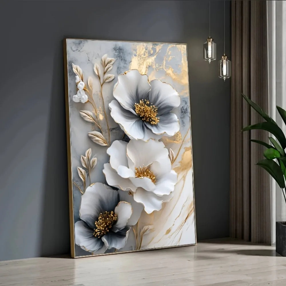 Modern Luxury Floral Canvas Mural Framed 3D Painting for Bedroom and Living Room