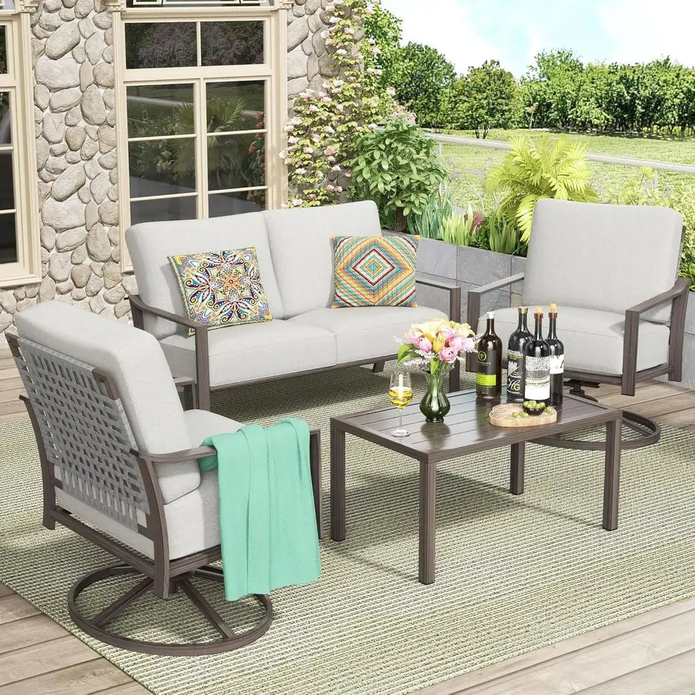 4-Piece Outdoor Metal Swivel Rocking Chair Set with Woven Rope Back Cushions