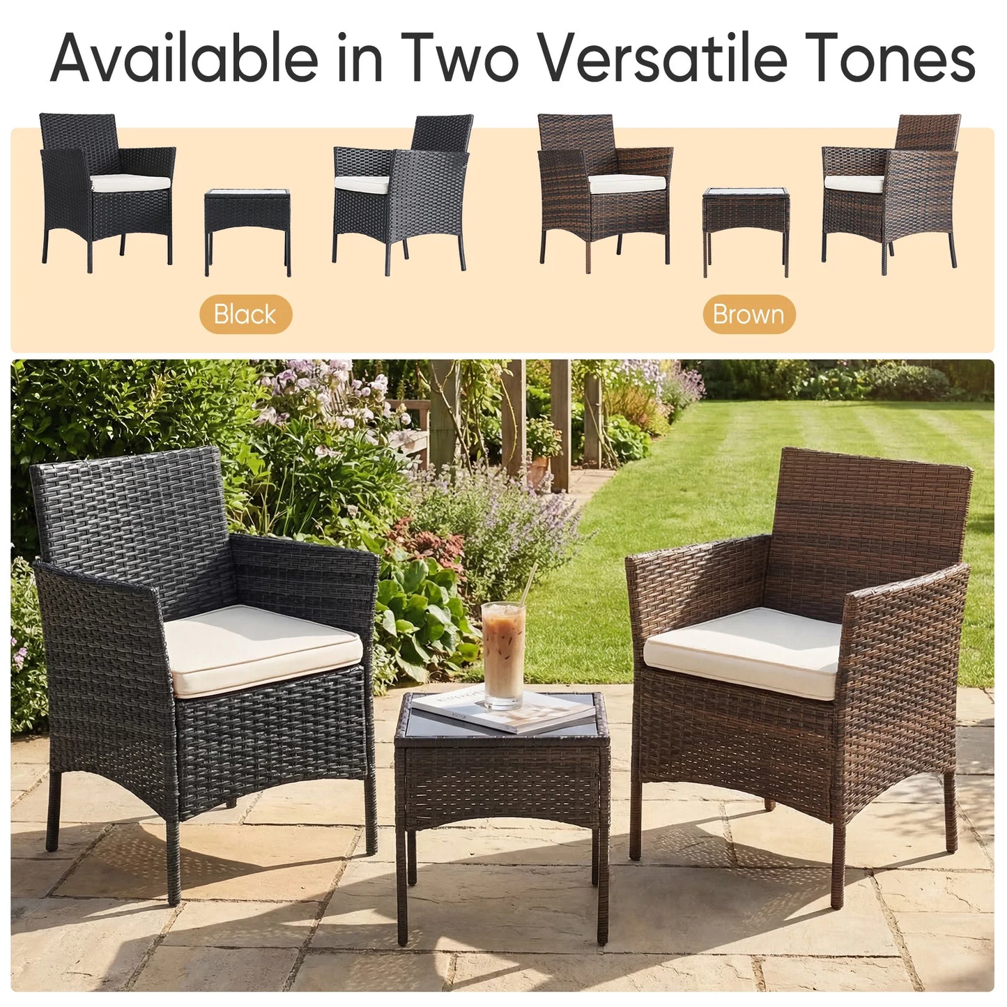 3 Piece Outdoor Patio Furniture Set Rattan Chairs With Cushions And Glass Table