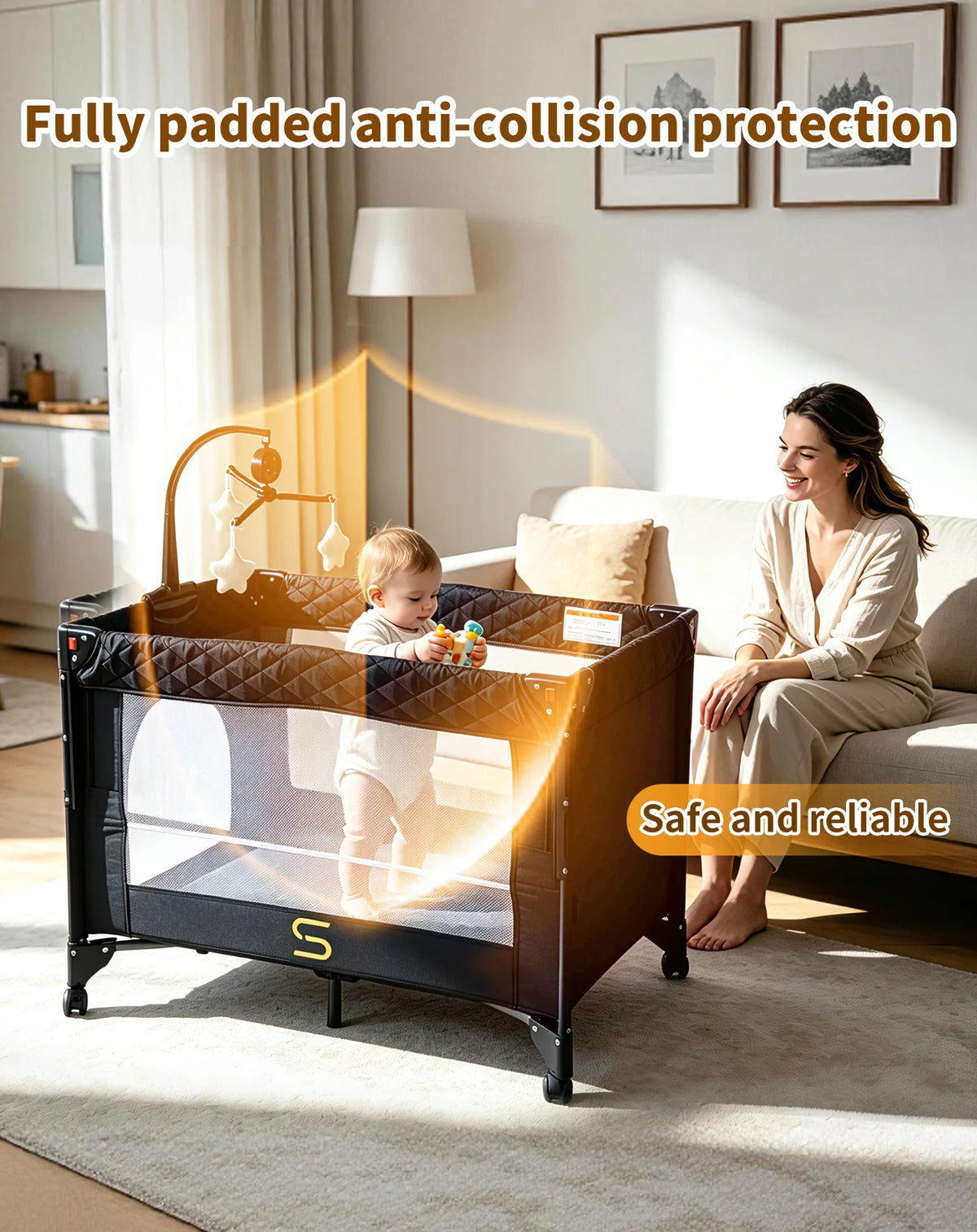 Steanny Pack n Play, All-in-one Playard with Bassinet,Pack and Play,Bedside Sleeper Fodble Travel Cribs with 4Wheels, Changeing Table,Mosquito Net,Toys Bars with Music, Unisex Playpen Combo Bassinet