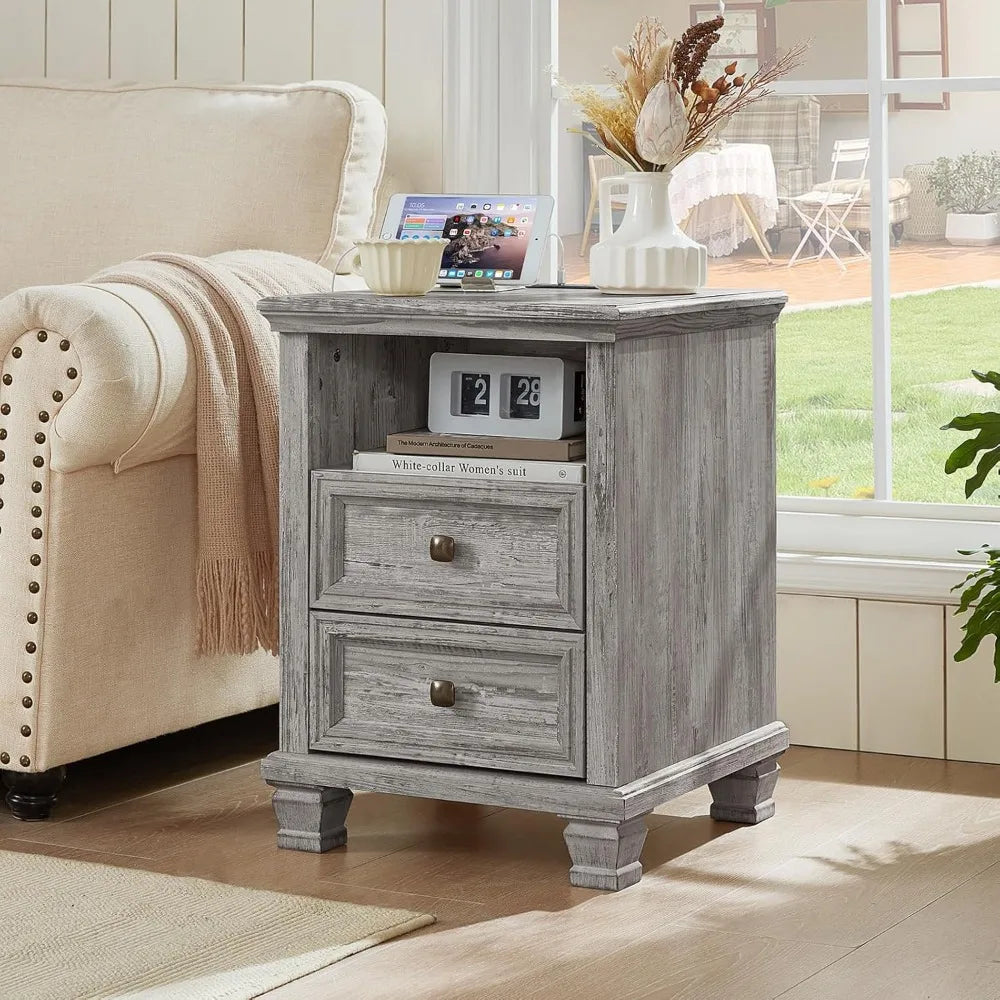 Grey Farmhouse Nightstands Set of 2 with Charging Station