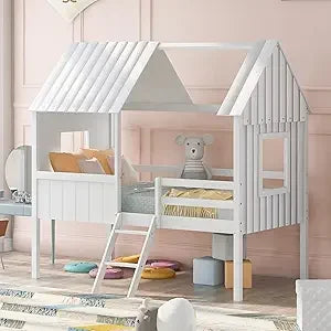 Twin House Bed for Kids Wood Low Loft Bed Frame with Windows and Roof, Easy Assembly, for Girls Boys (White+Gray)