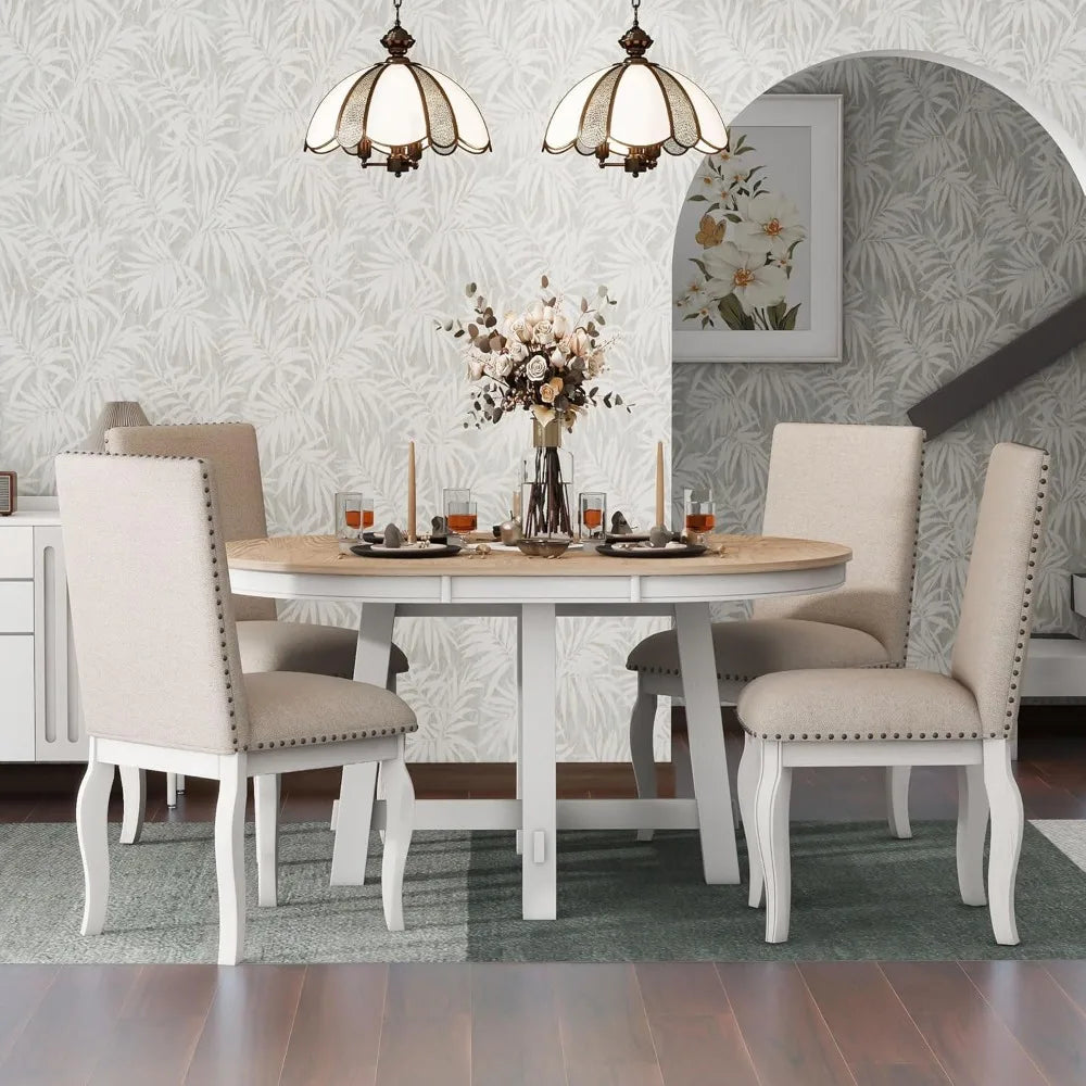 Farmhouse Round Extendable Dining Table Set With 4 Chairs