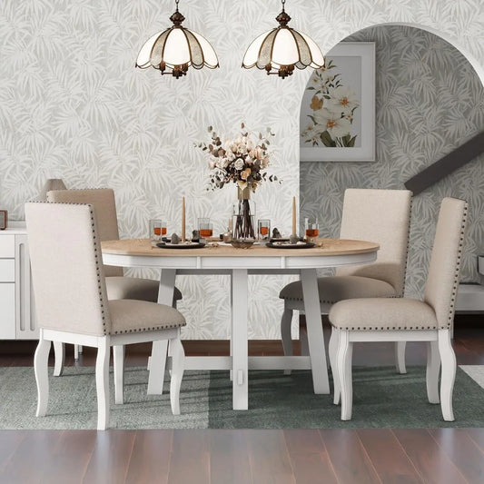 Farmhouse Round Extendable Dining Table Set With 4 Chairs