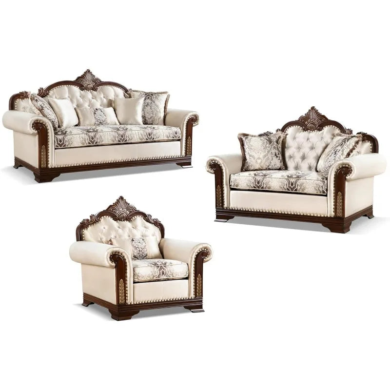 3-Piece Upholstered Sofa Set with Tufted Back & Rolled Arms, Beige