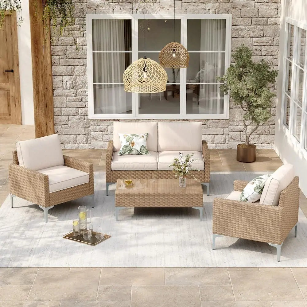 All Weather Wicker Patio Sectional Set With Tempered Glass Table Cushions Beige