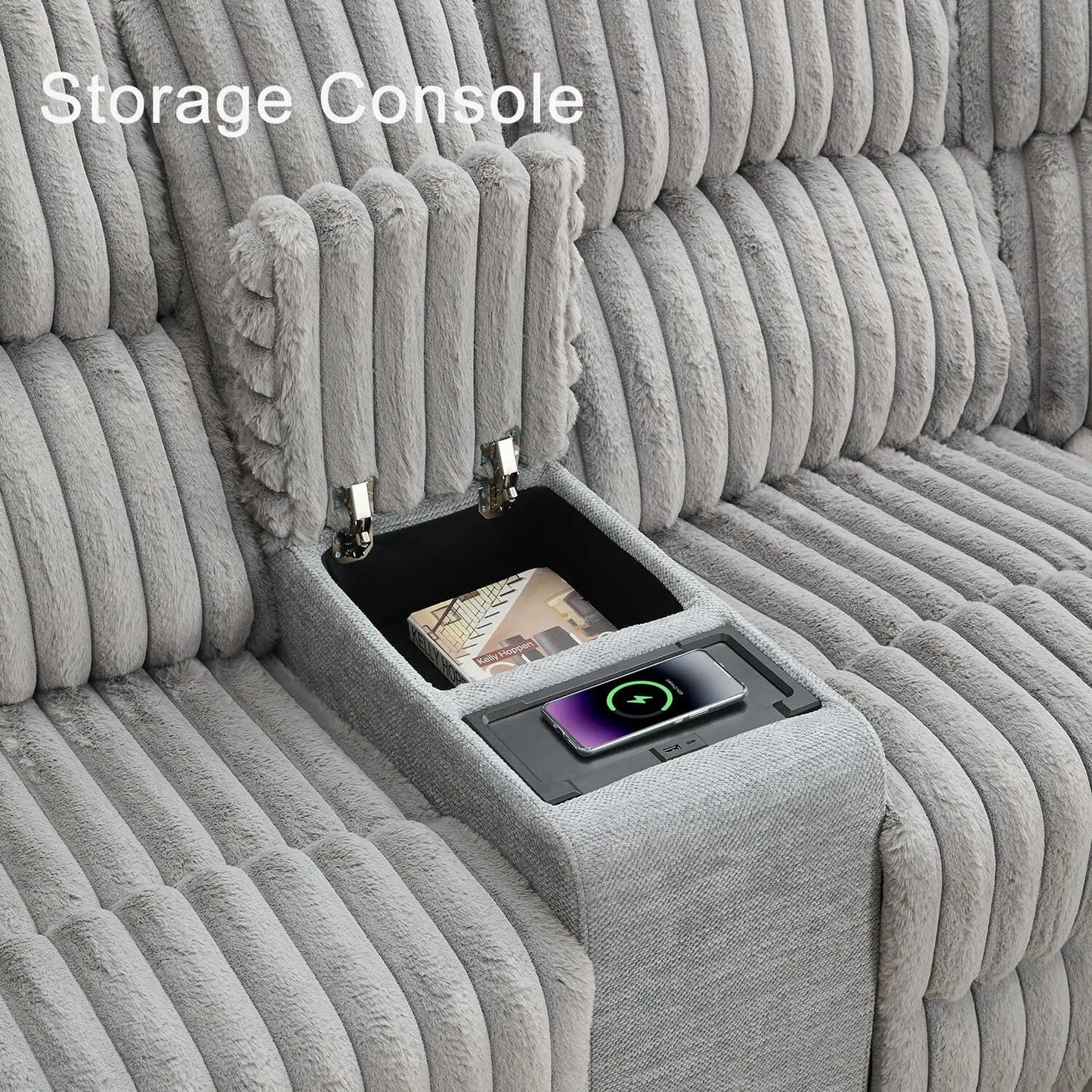 Power Reclining L Shaped Fuzzy Rabbit Plush Sofa USB C Port