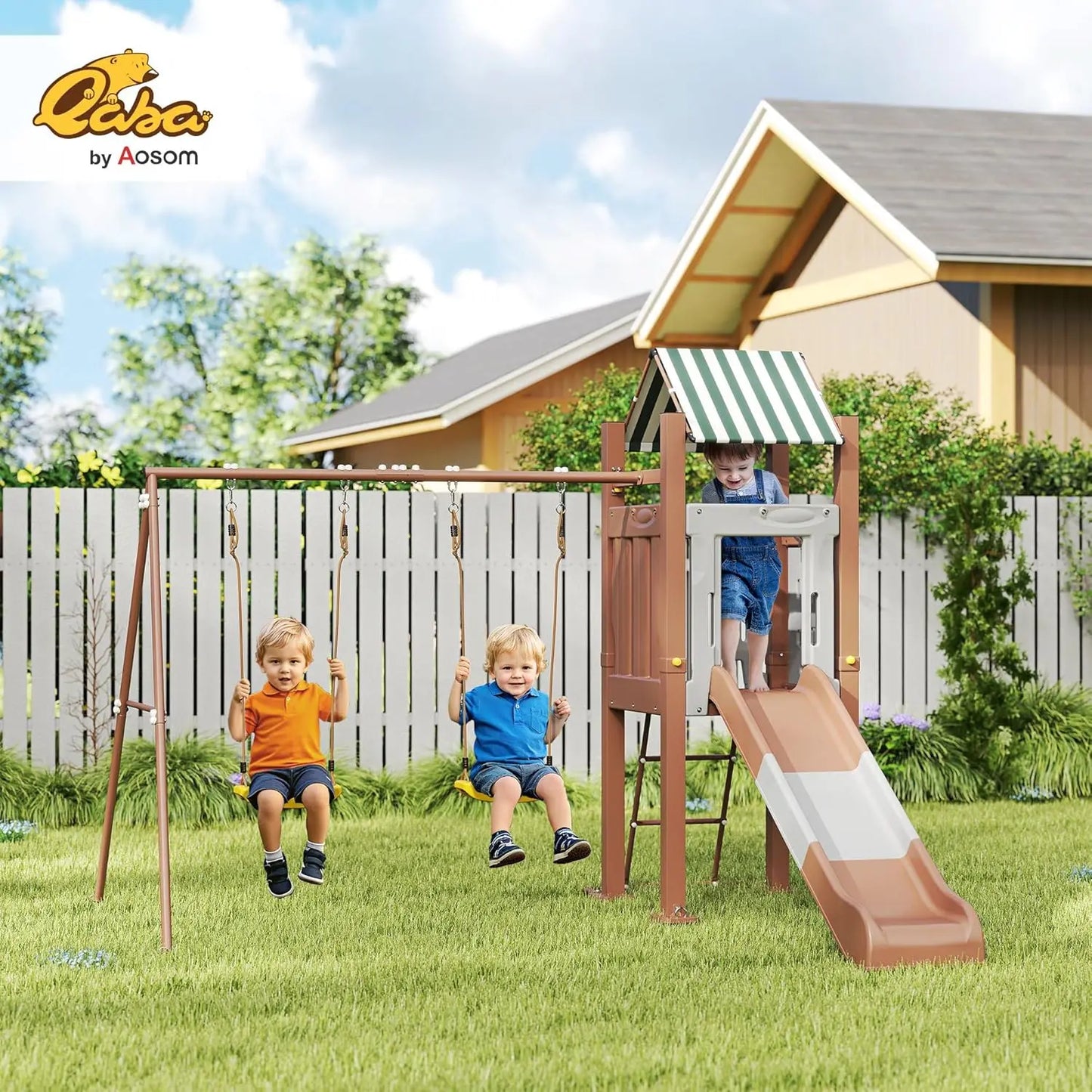 Kids Backyard Swing Set 6 Ft Slide And 2 Adjustable Swings