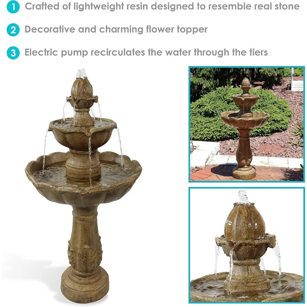 Blooming Flower 38-Inch 2-Tier Outdoor Water Fountain with Electric Submersible Pump for Garden, Patio or Yard