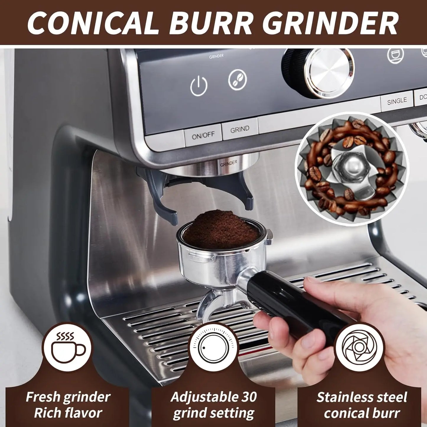 Espresso Machine With Grinder And Milk Frother Steam Wand 20 Bar 1450W