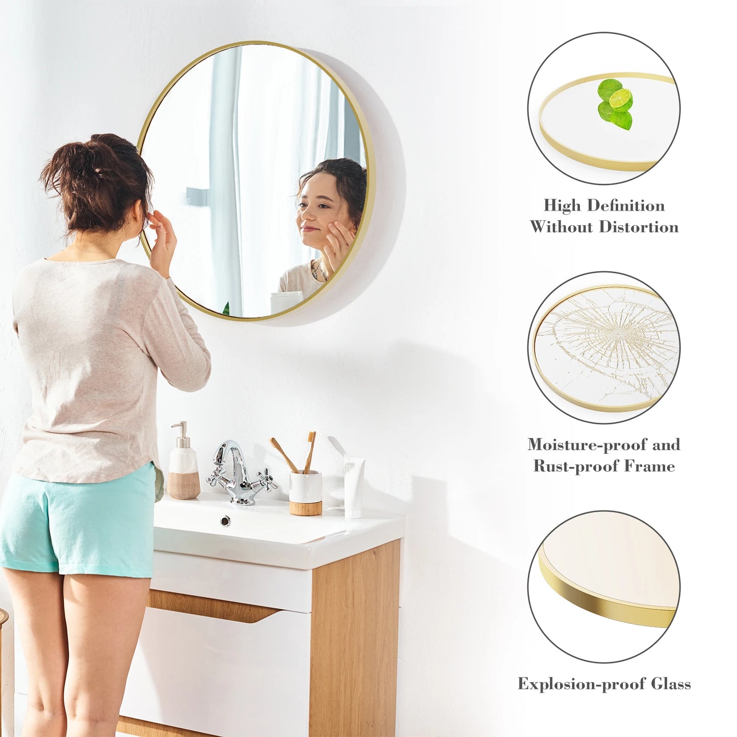 Jhk Matte Gold Round Wall Mirror 30 Inch Modern Tempered Glass
