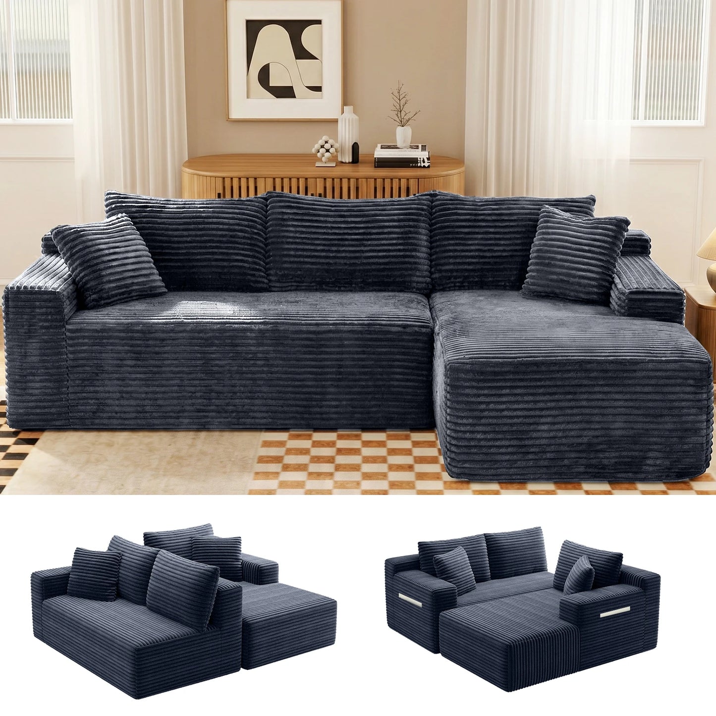 Modern Black Corduroy Modular Sectional Sofa With Deep L Shaped Chaise