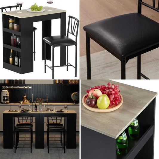 small bar table and chairs tall kitchen breakfast nook with stools/dining set for 2, storage shelves, space-saving, gray