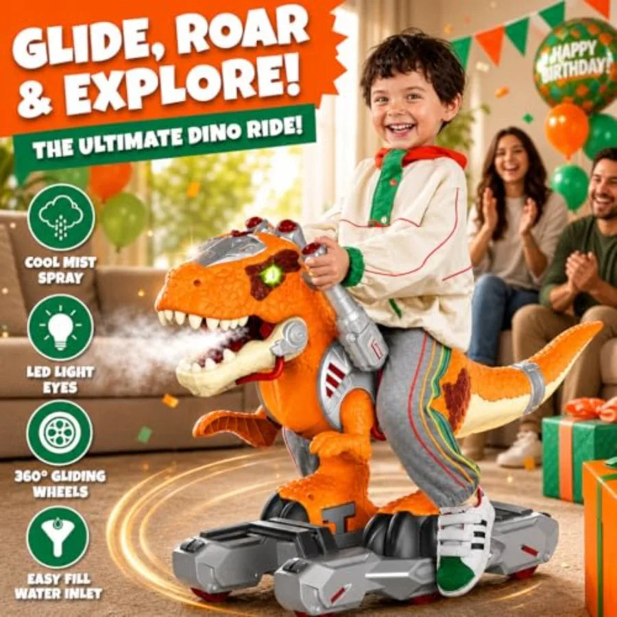 Dinosaur Ride On Scooter Toddlers Orange ABS Plastic Four Wheels Music Lights
