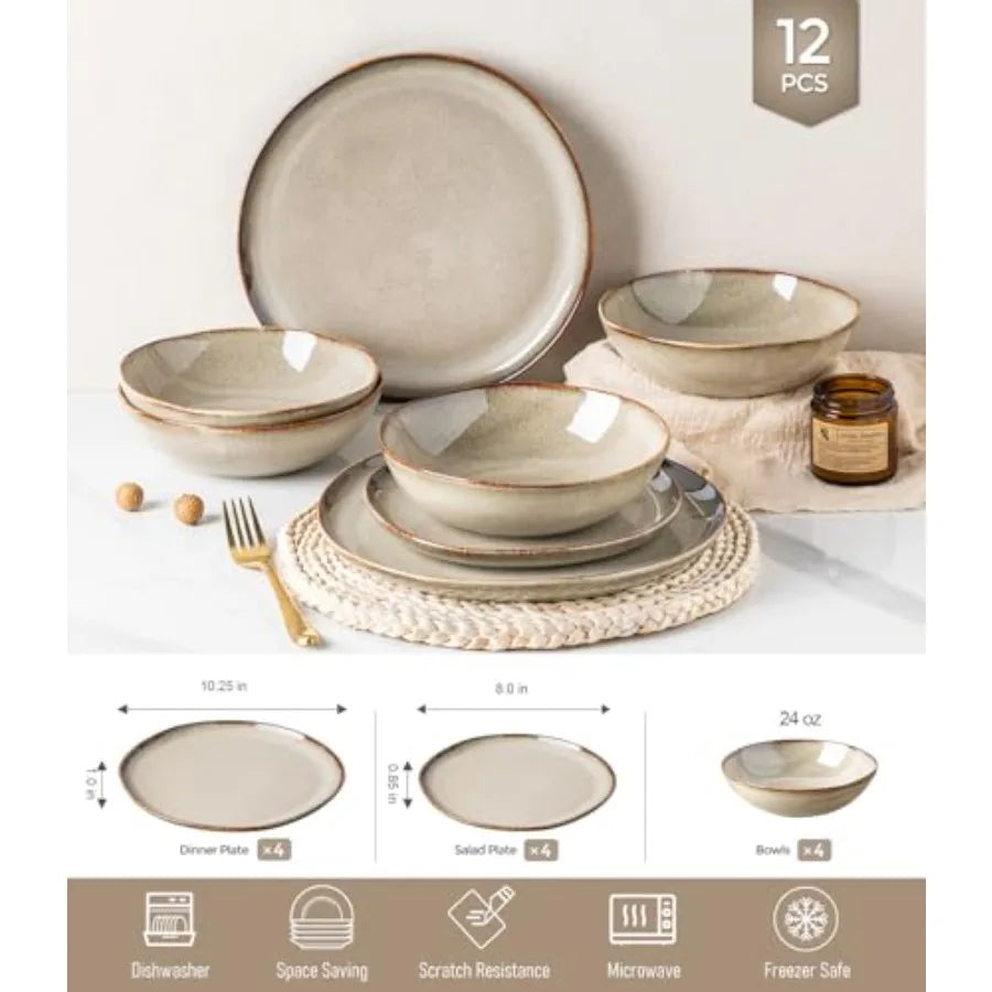 Stoneware Dinnerware Set For 4 12 Pieces Reactive Glaze Plates And Bowls