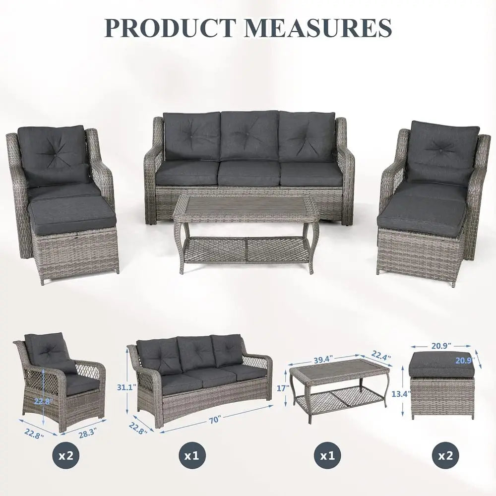 Grey Wicker Outdoor Patio Furniture Set 6 Piece With Sectional Sofa And Ottoman