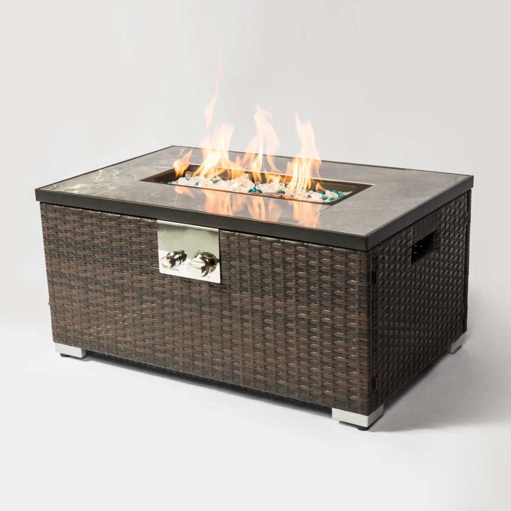 Outdoor Propane Fire Pit Table Rattan With Marble Tile Top