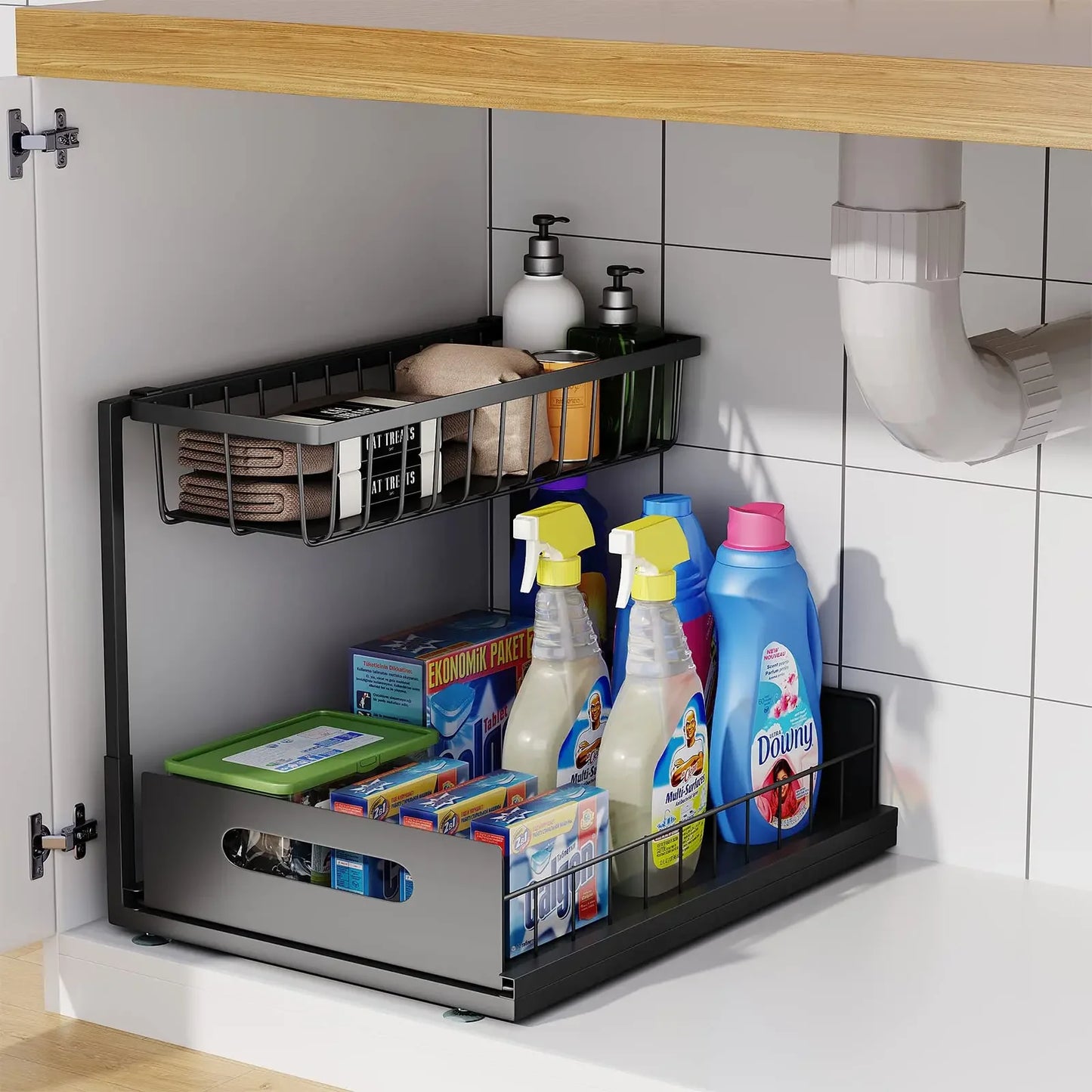 Double Layer Sliding Rail Under Sink Storage Rack For Bathroom And Kitchen