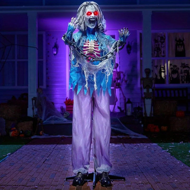 68" Zombie Halloween Decorations Standing Zombie Halloween Animatronics Decor with Chain, Life Size Ghost with Light-up Eyes and Creepy Sound, Animated Halloween Props for Haunted House Patio Yard