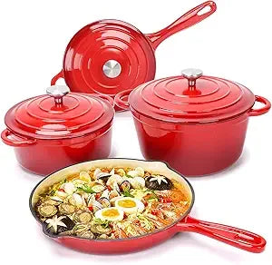 Enameled Cast Iron Cookware Set - 7 Piece Dutch Ovens Set, Sauce Pan, Skillet, 3 Lids, Pots and Pans Set, Ceramic Coated Cast I
