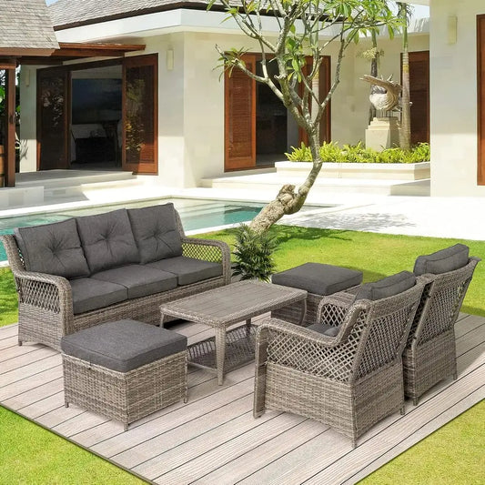 Grey Wicker Outdoor Patio Furniture Set 6 Piece With Sectional Sofa And Ottoman