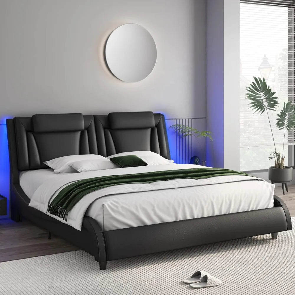 Bed frame, Adjustable LED Headboard Wave-Like Curve Design Solid Wooden Slats Support No Box Spring Needed, Bedroom Furniture